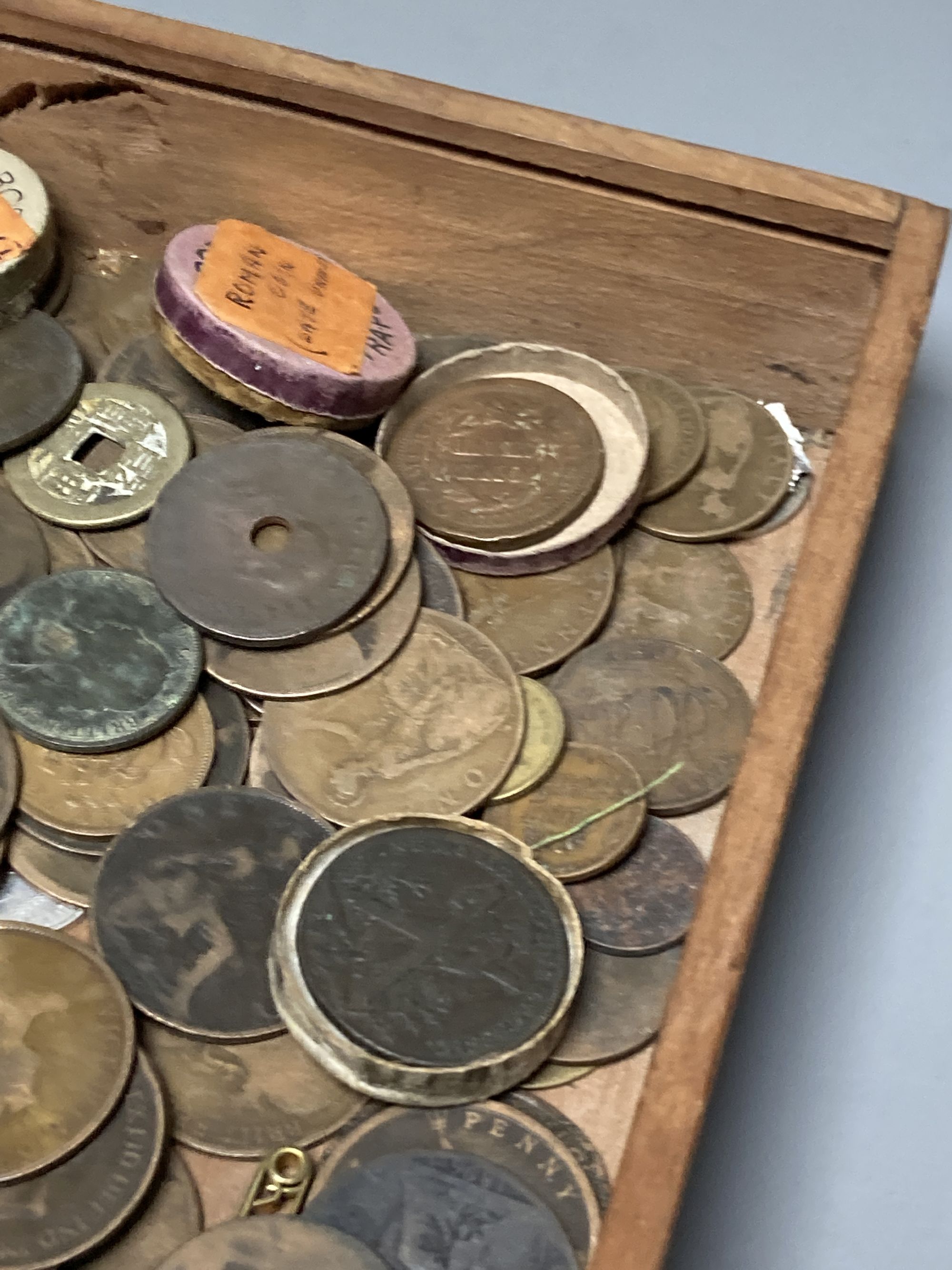 A group of assorted 19th century and later pennies, a US one cent 1853 and a Scottish halfpenny.